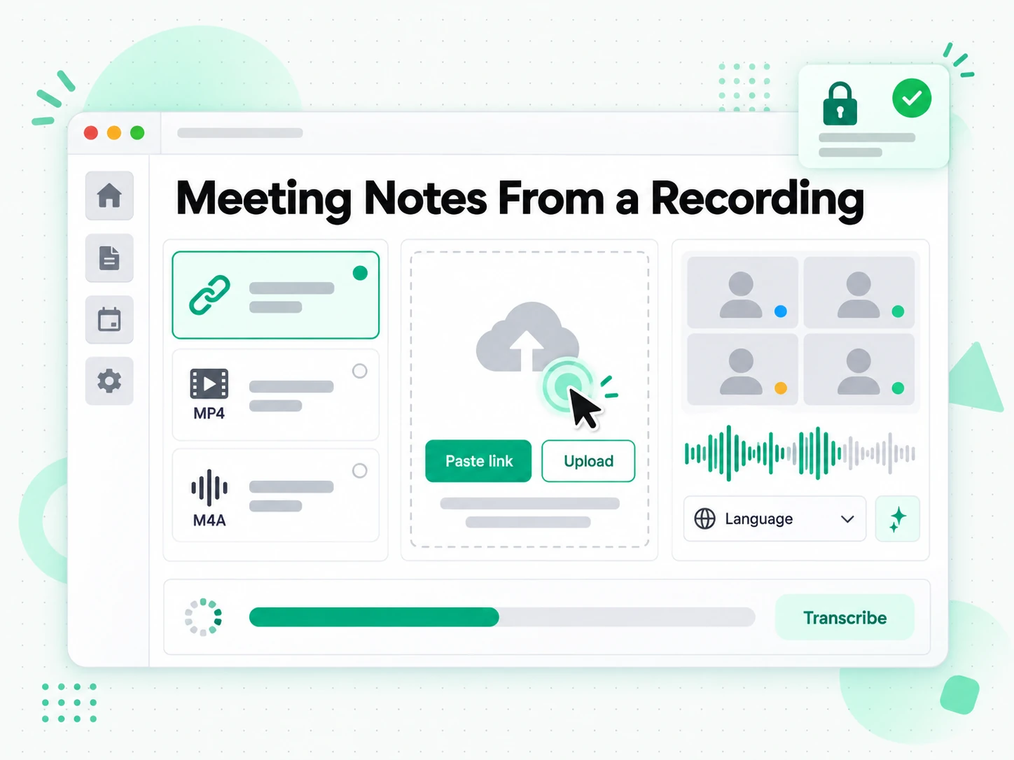 Meeting Notes From a Recording: pasting a meeting recording link to start the meeting notes generator