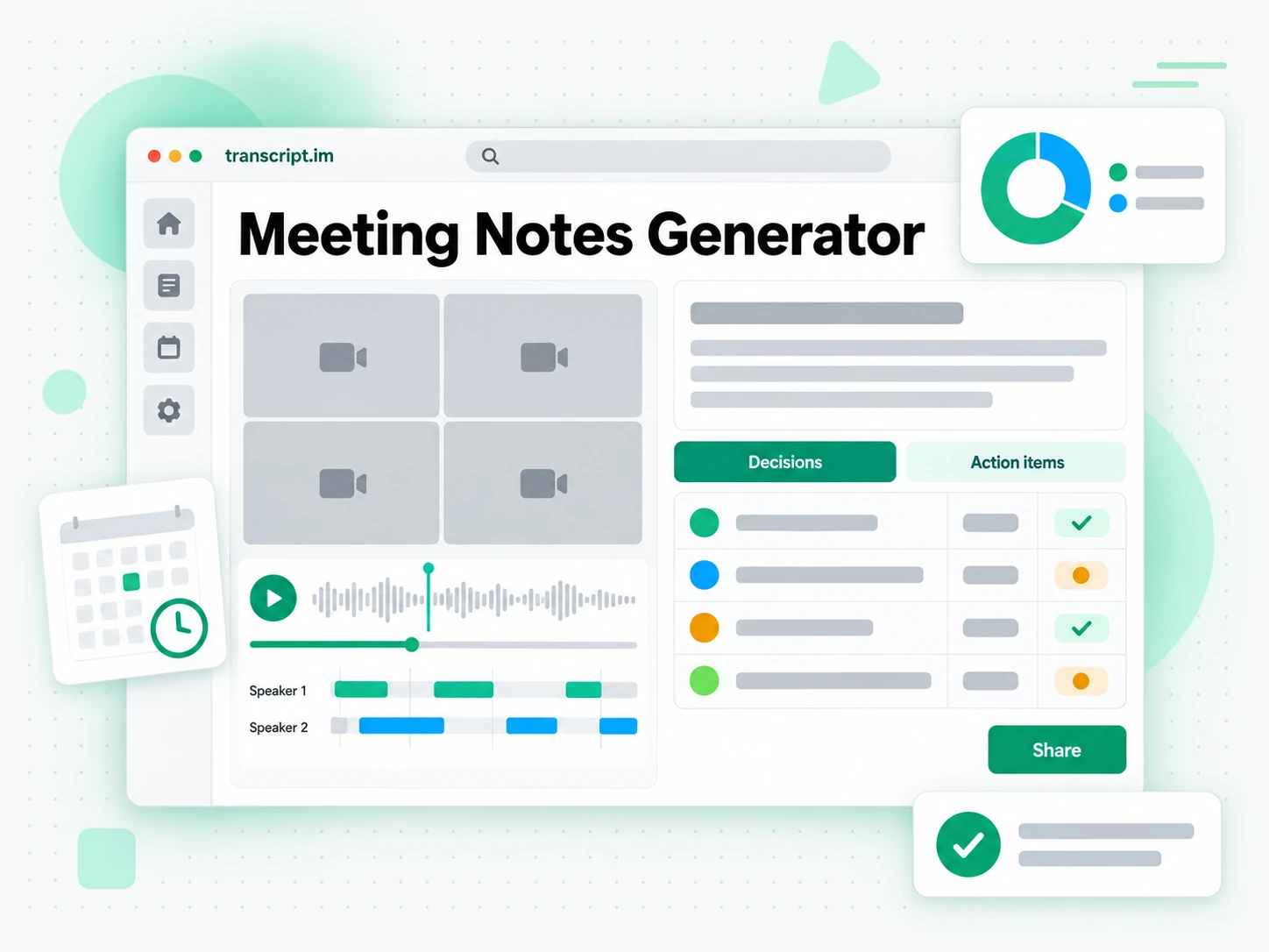 Meeting notes generator turning a meeting recording into structured notes and action items