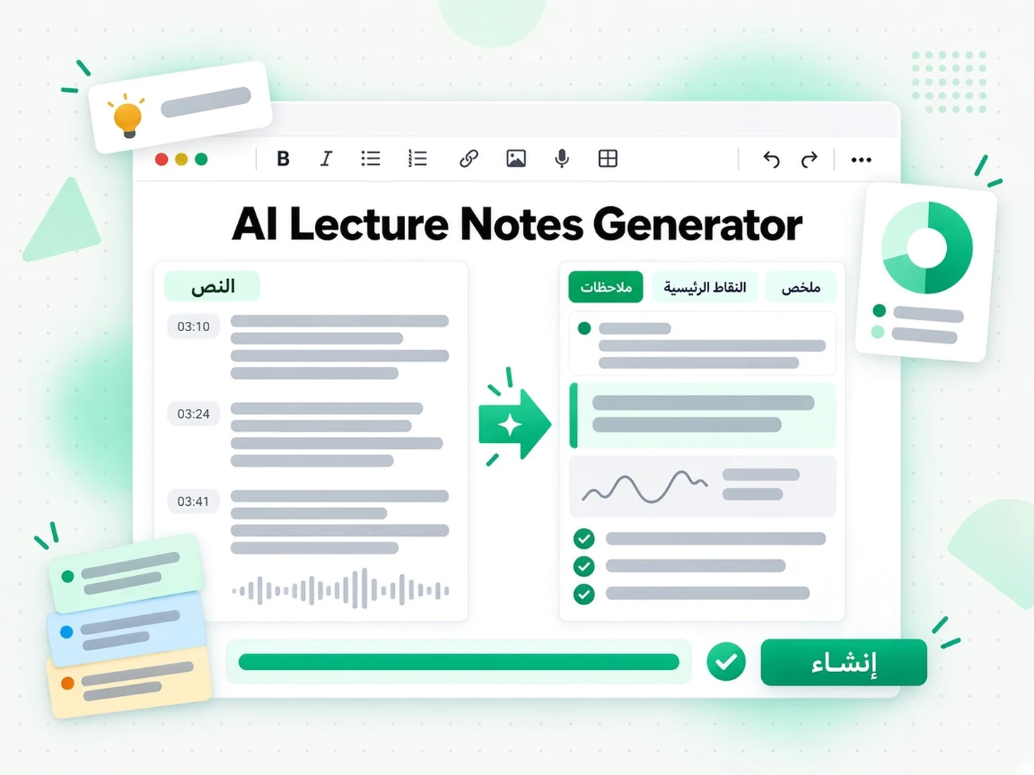 AI Lecture Notes Generator: مرحلة من مراحل تفريغ المحاضرات إلى ملاحظات منظمة داخل transcript.im