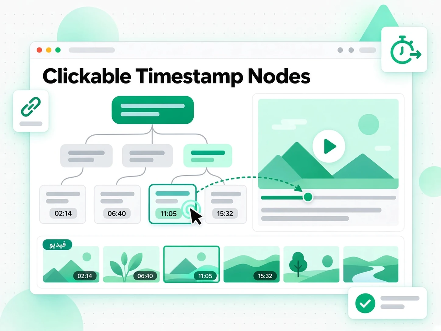 Clickable Timestamp Nodes: مرحلة من مراحل بناء خريطة ذهنية من الفيديو داخل transcript.im