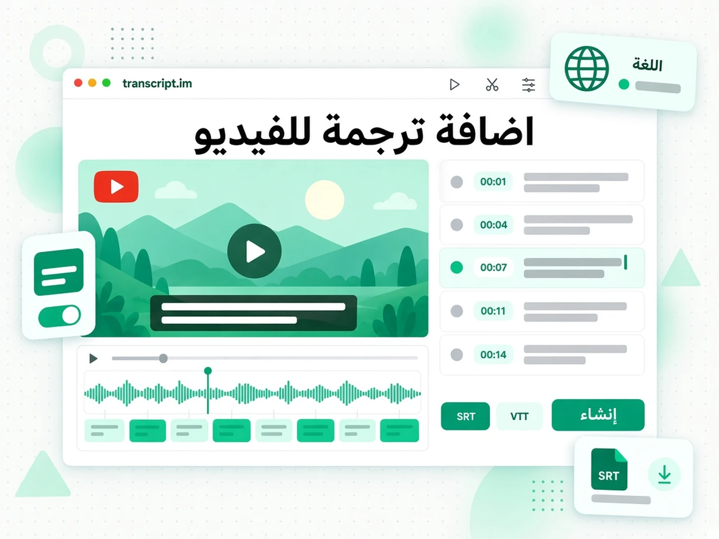 اضافة ترجمة للفيديو: واجهة transcript.im لعرض إنشاء ترجمات يوتيوب باللغة العربية