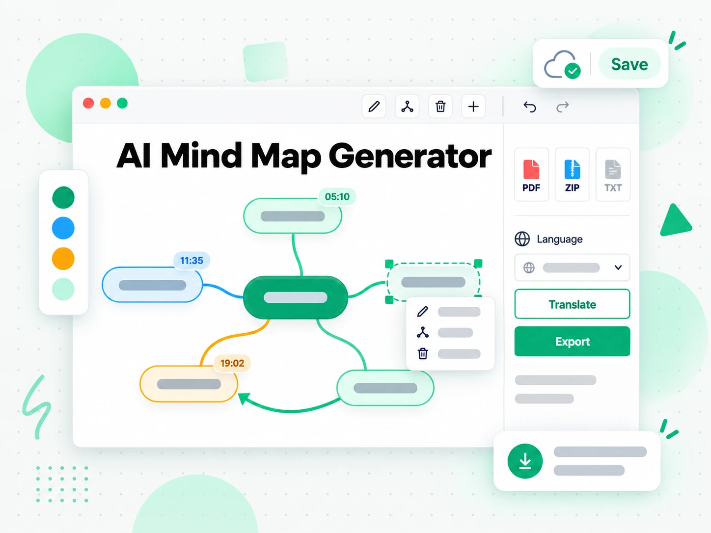 AI Mind Map Generator: editing and exporting an audio mind map