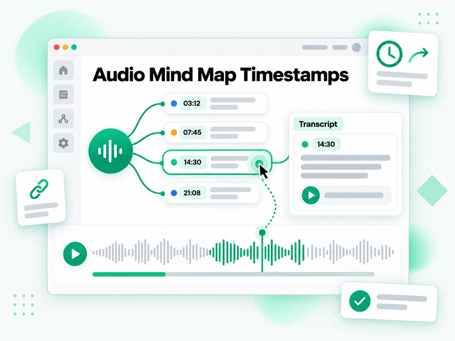 Audio Mind Map Timestamps: audio transcript turned into a branching mind map with clickable timestamp nodes
