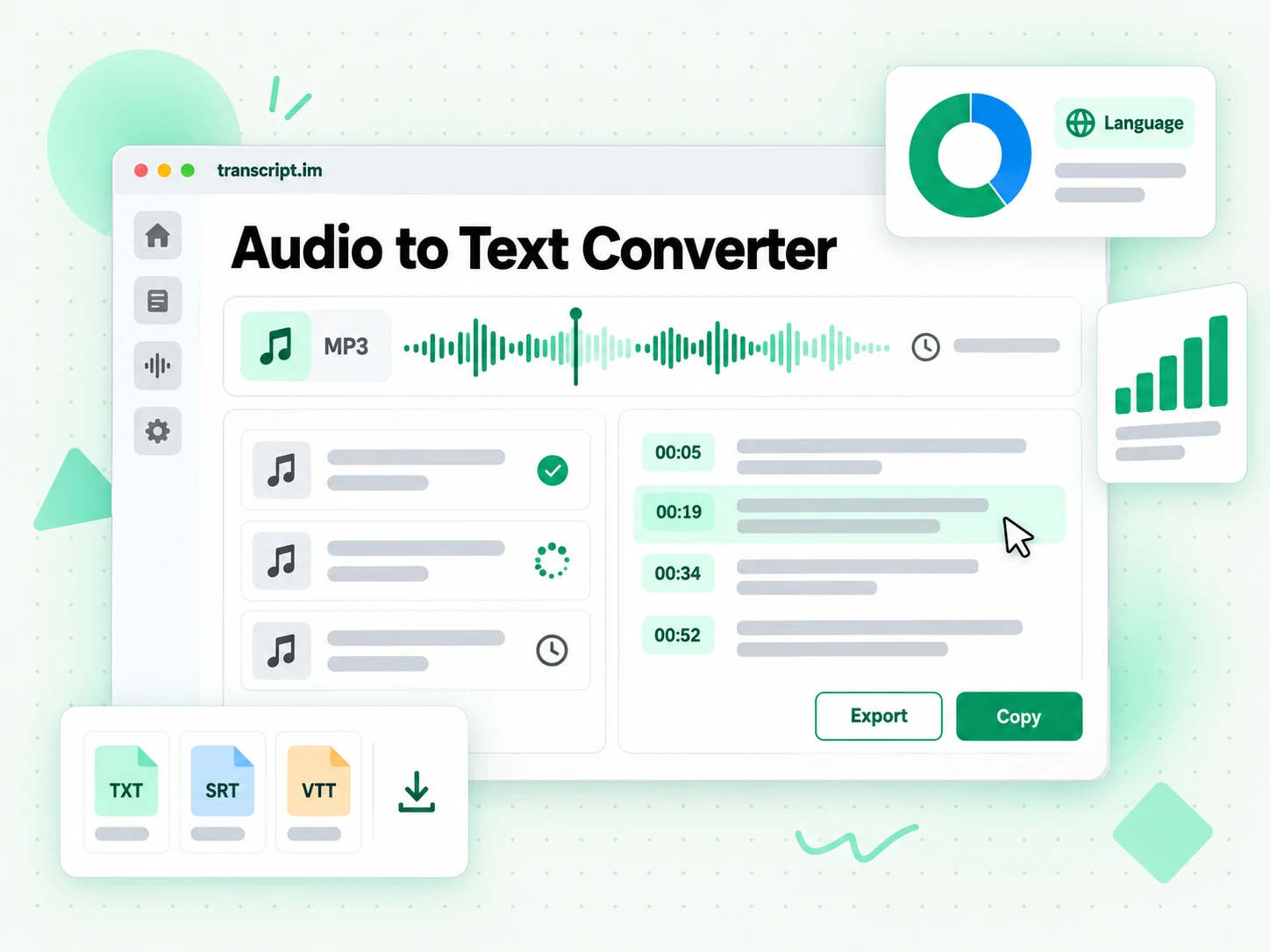 Audio to text converter turning an MP3 audio waveform into editable timestamped text