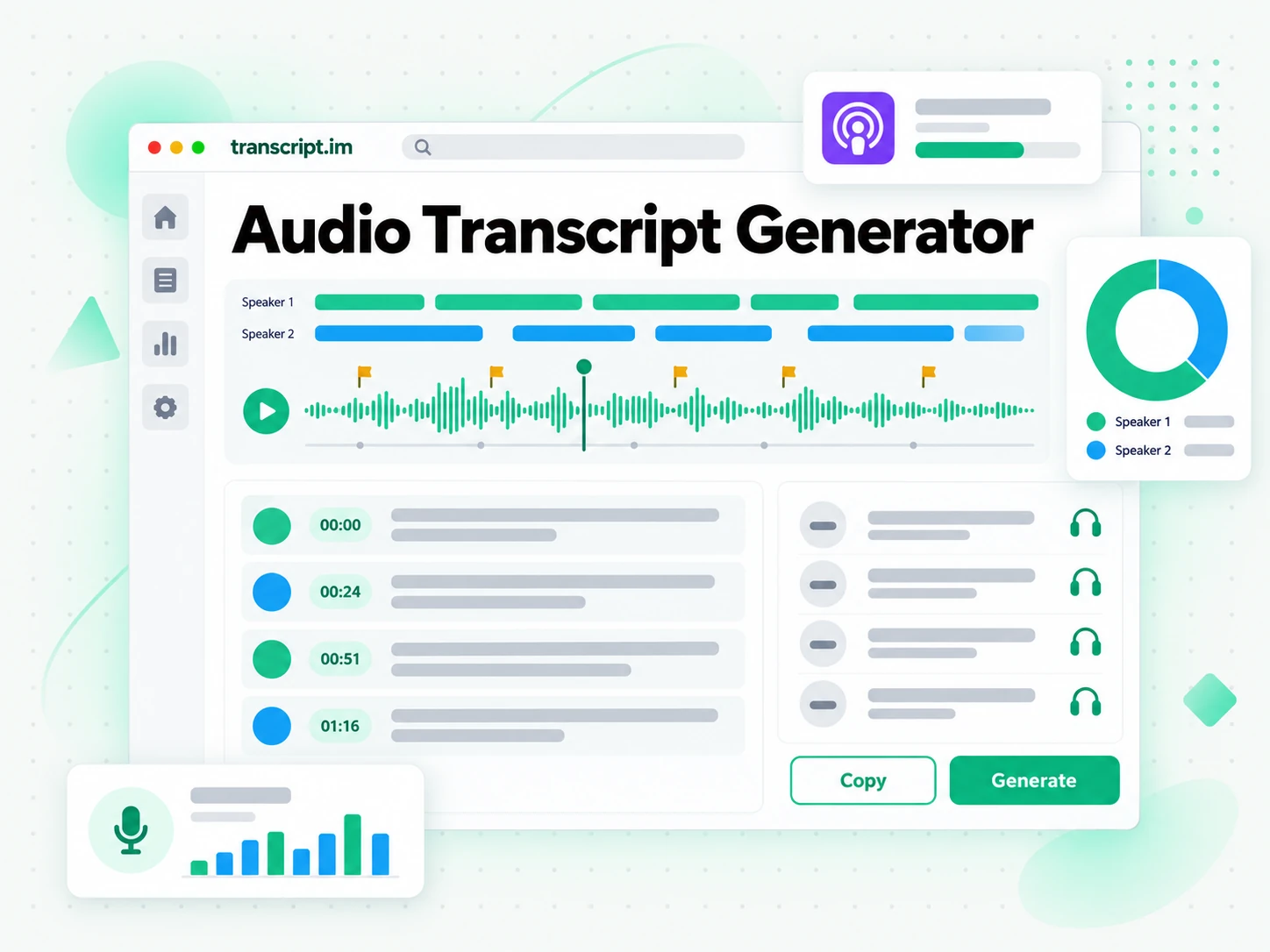 Audio transcript generator turning an uploaded audio file or pasted link into a timestamped transcript
