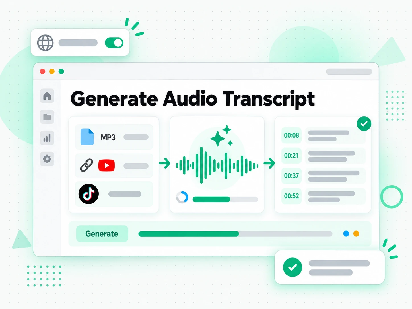 Generate Audio Transcript: uploading an audio file or pasting a link into the audio transcript generator