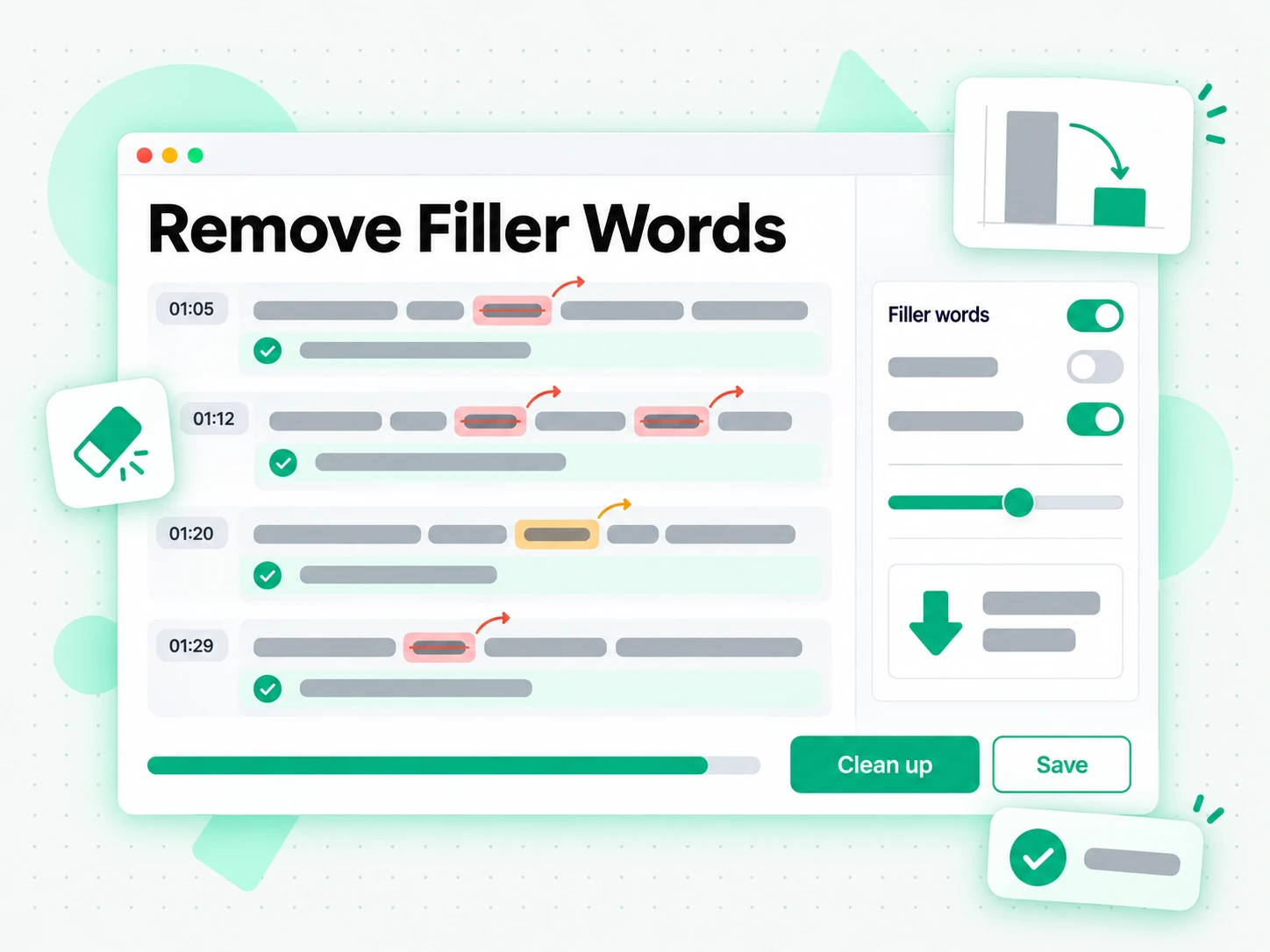 Remove Filler Words: cleaning a transcript by removing filler words and fixing punctuation with AI