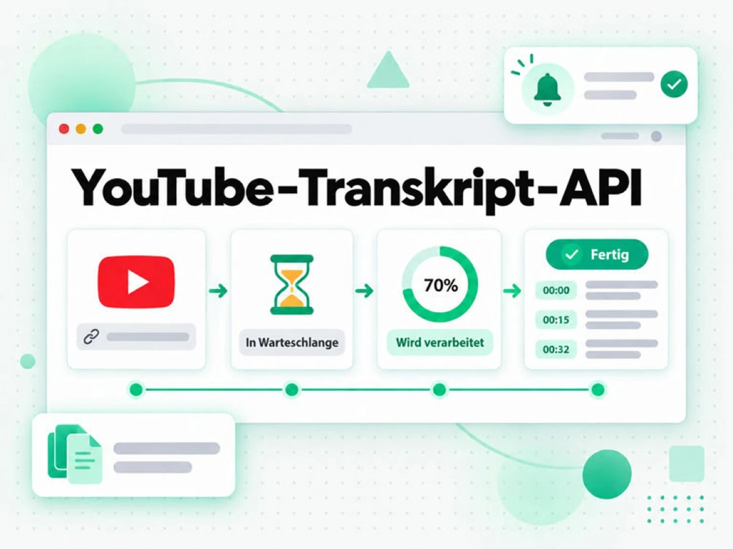 YouTube-Transkript-API: ein YouTube-Link durchläuft die Warteschlange bis zum fertigen Transkript