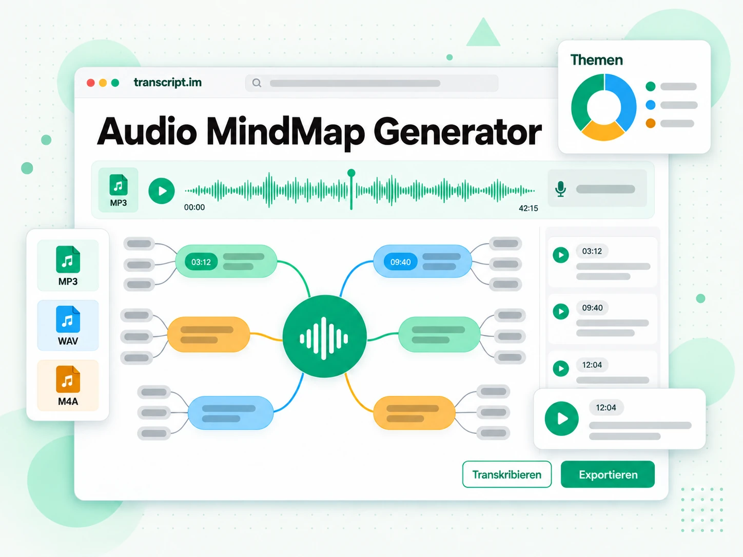 Audio MindMap Generator wandelt ein Audiotranskript in eine verzweigte Mindmap um