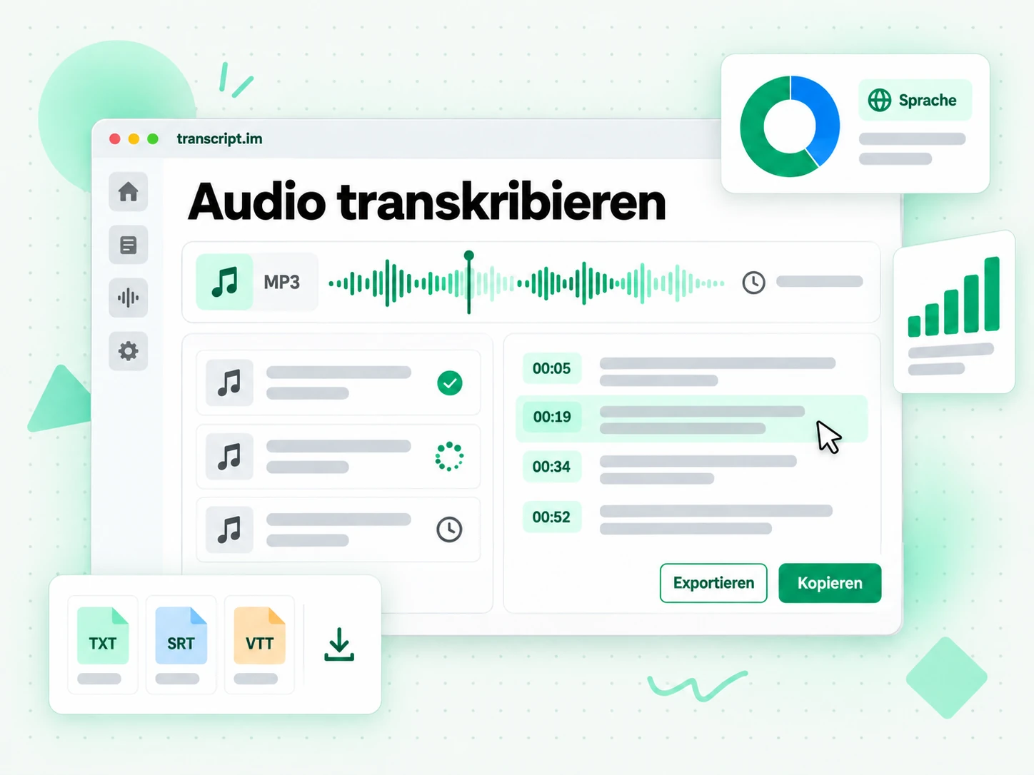 Audio transkribieren: eine MP3-Wellenform wird zu bearbeitbarem Text mit Zeitstempeln