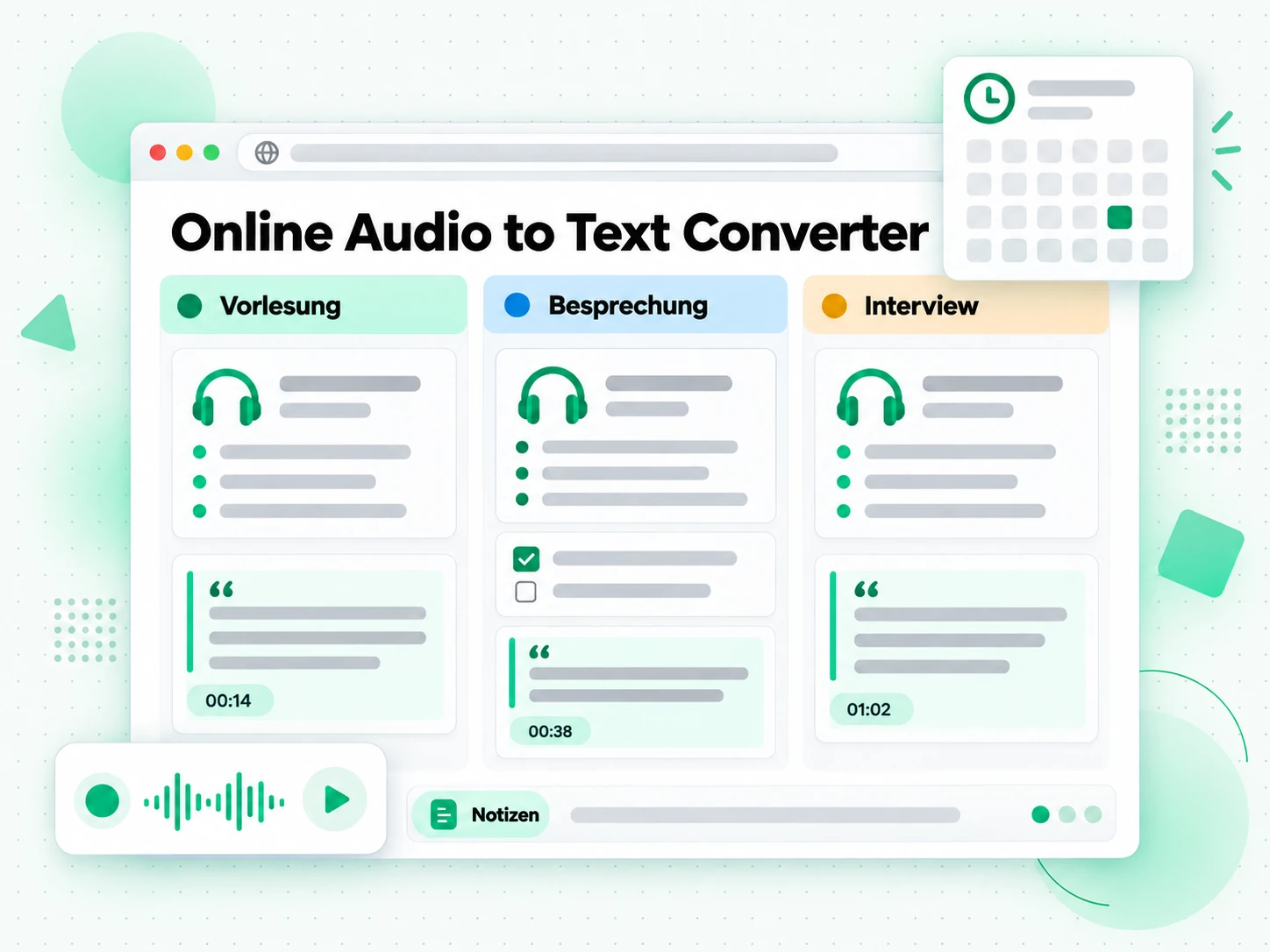 Online Audio to Text Converter wandelt ein Transkript in Lern- und Meeting-Notizen um