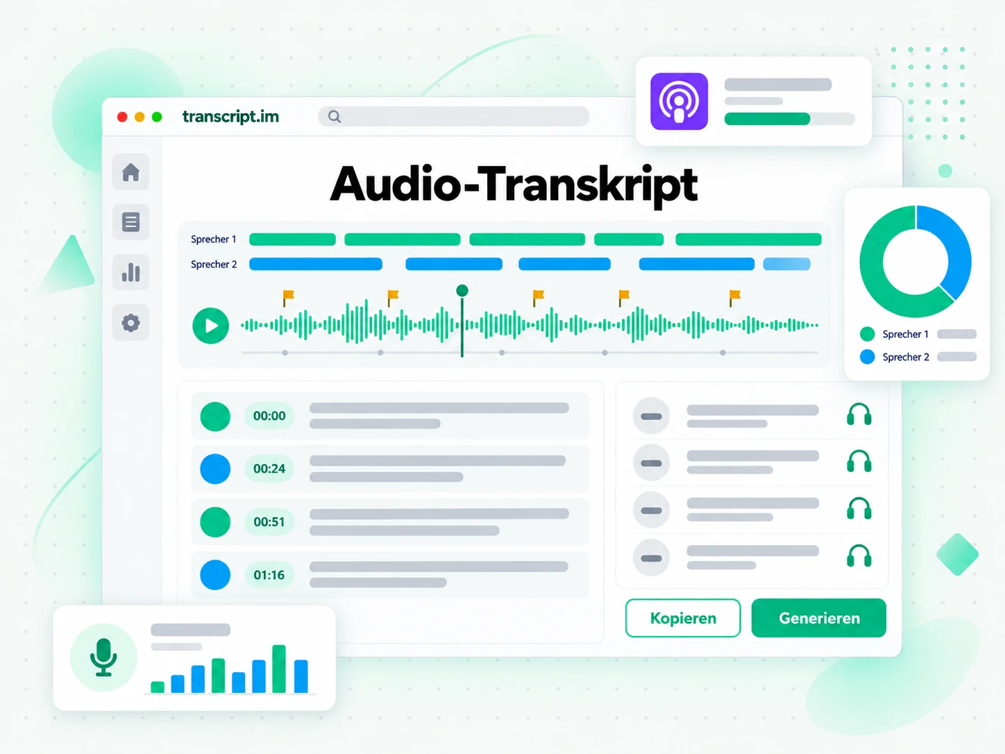 Audio-Transkript aus einer hochgeladenen Datei oder einem eingefügten Link mit Zeitstempeln
