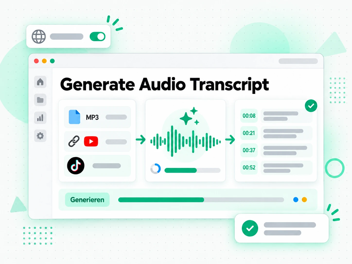 Generate Audio Transcript: eine Datei wird hochgeladen oder ein Link eingefügt