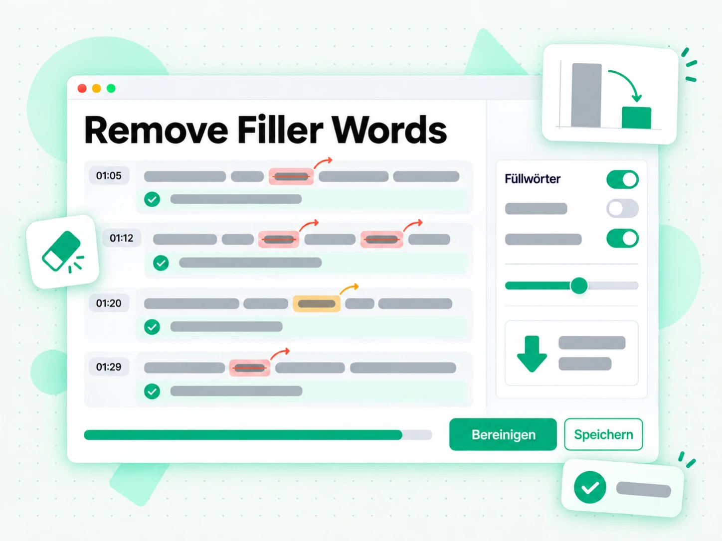 Remove Filler Words und Zeichensetzung mit KI in einem Transkript korrigieren