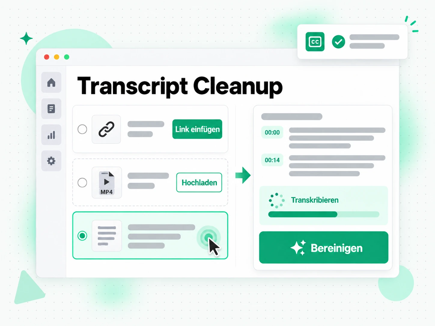 Transcript Cleanup: ein Link wird eingefügt oder eine Datei hochgeladen