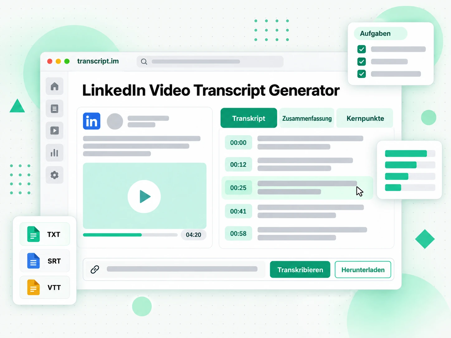 LinkedIn-Video-Transkript-Generator mit der URL eines öffentlichen Beitrags und einem LinkedIn-Transkript mit Zeitmarken
