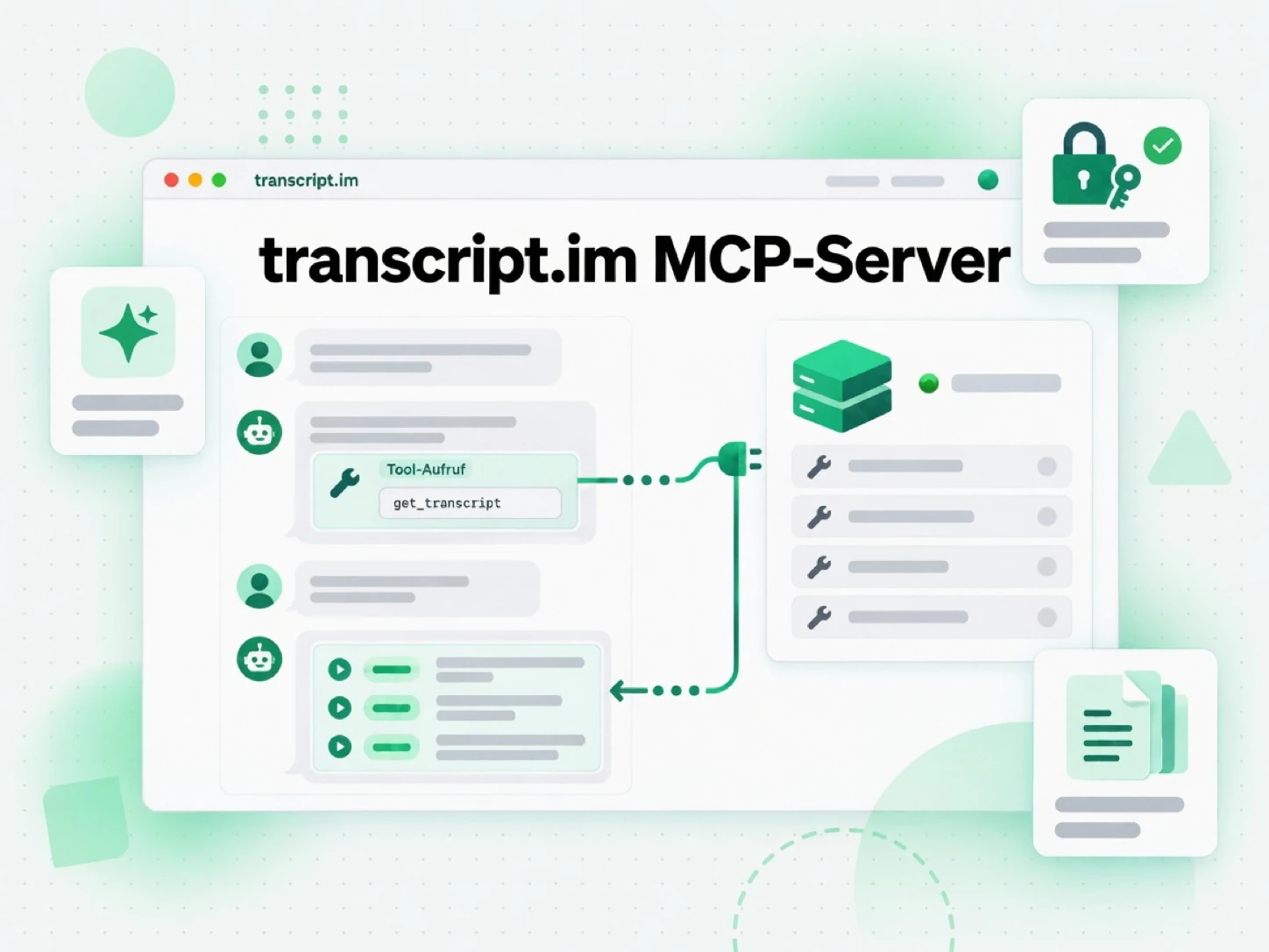 transcript.im MCP-Server: ein KI-Client ruft das Transkript-Tool auf einem entfernten MCP-Server auf