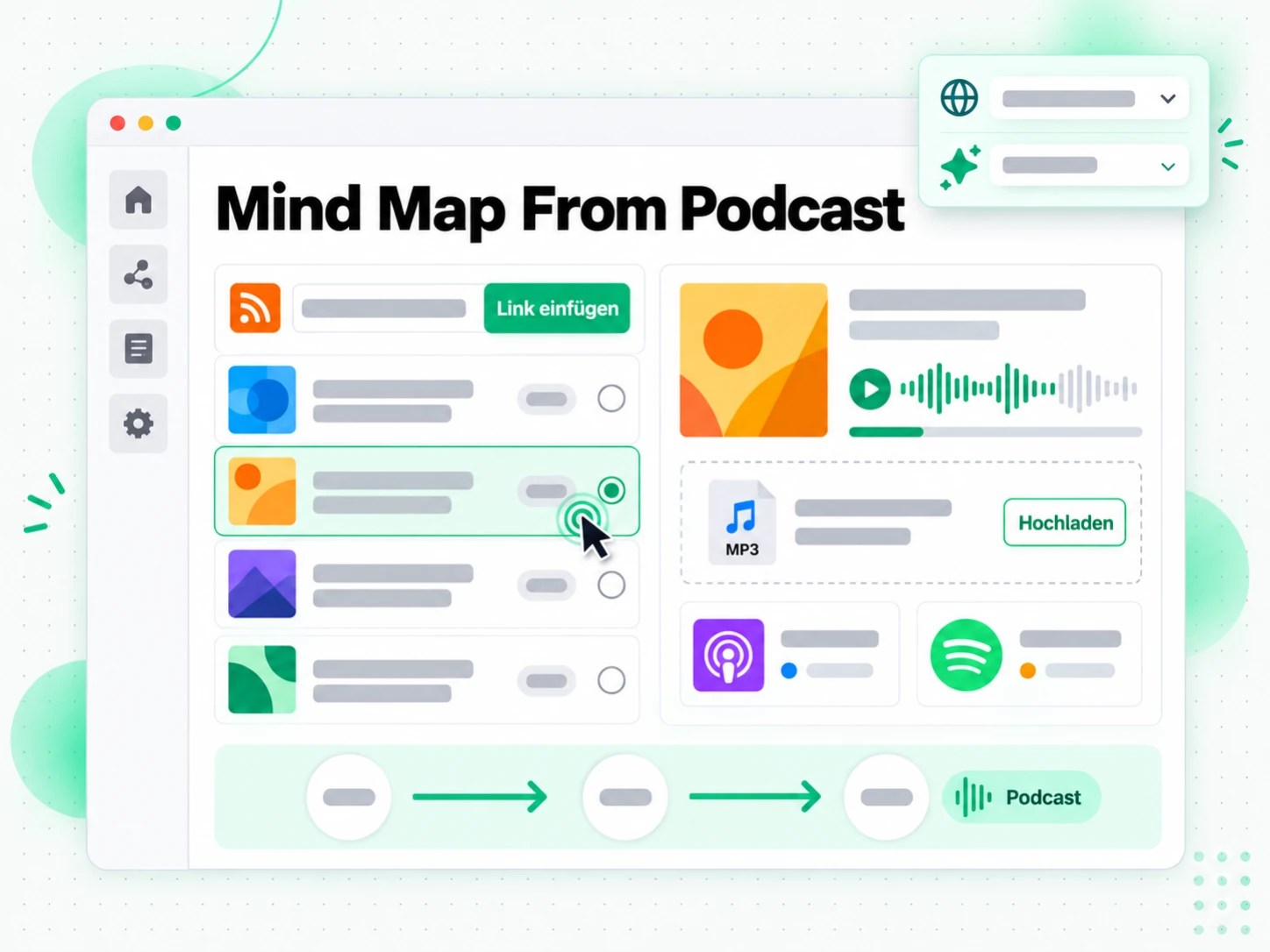 Mind Map From Podcast: eine Podcast-Folge wird in den Generator hochgeladen