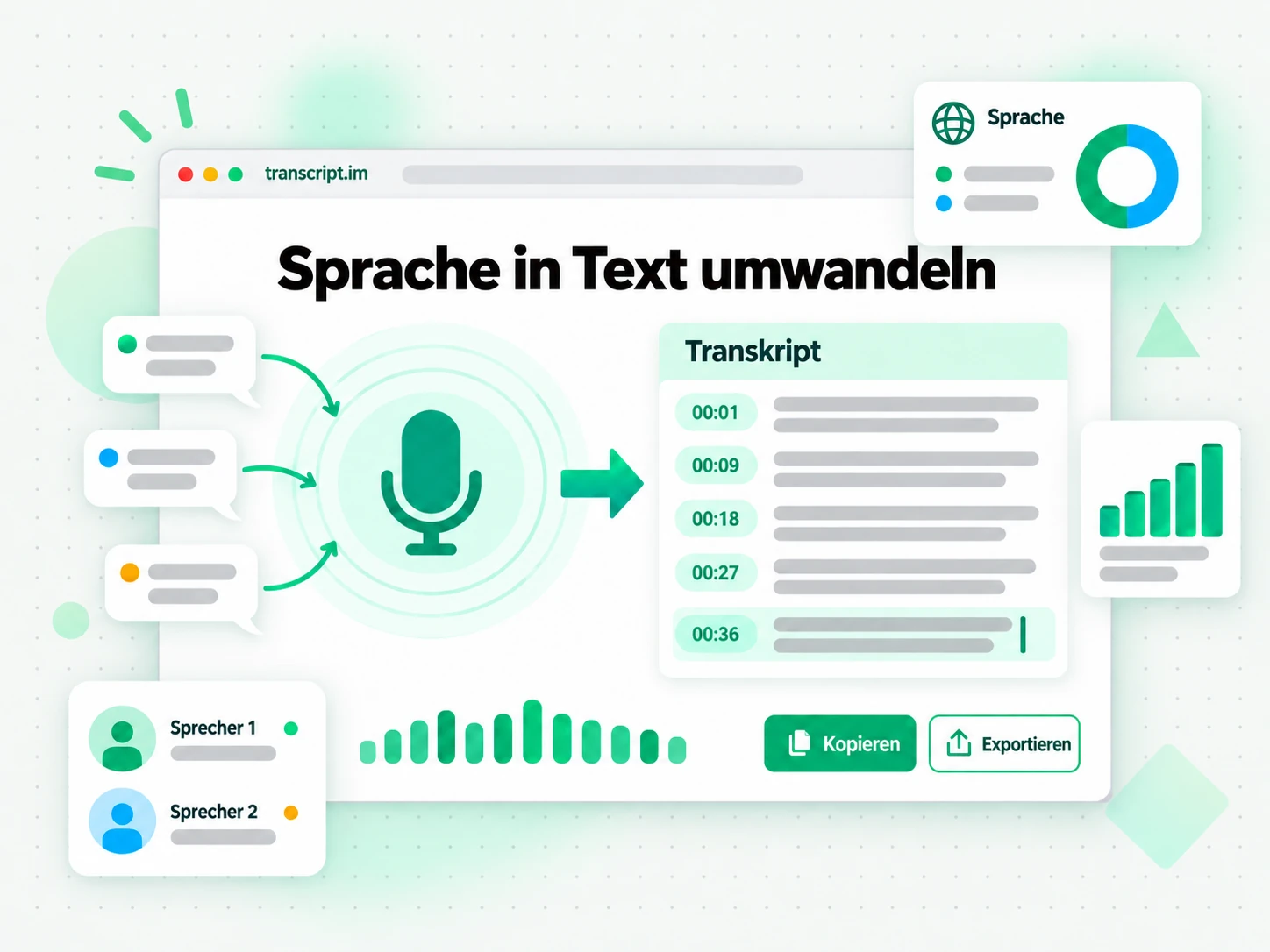 Sprache in Text umwandeln: eine Audiowellenform wird zu bearbeitbarem Text mit Zeitstempeln