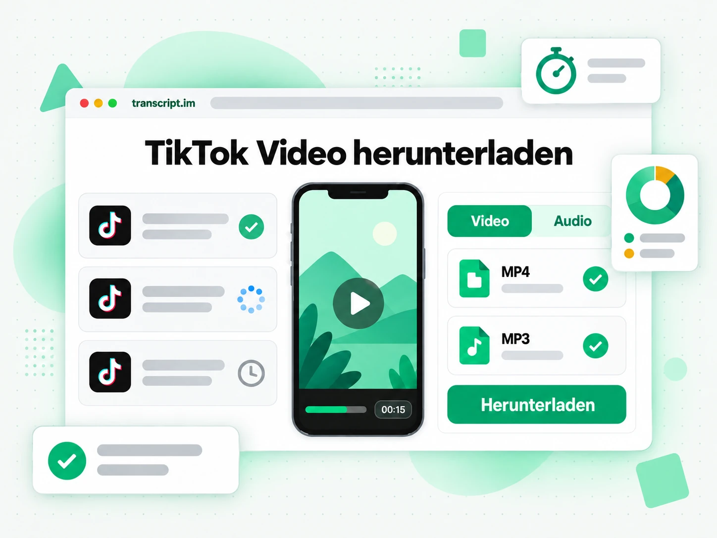 TikTok Video herunterladen: Linkfeld mit MP3- und MP4-Reitern und Download-Button