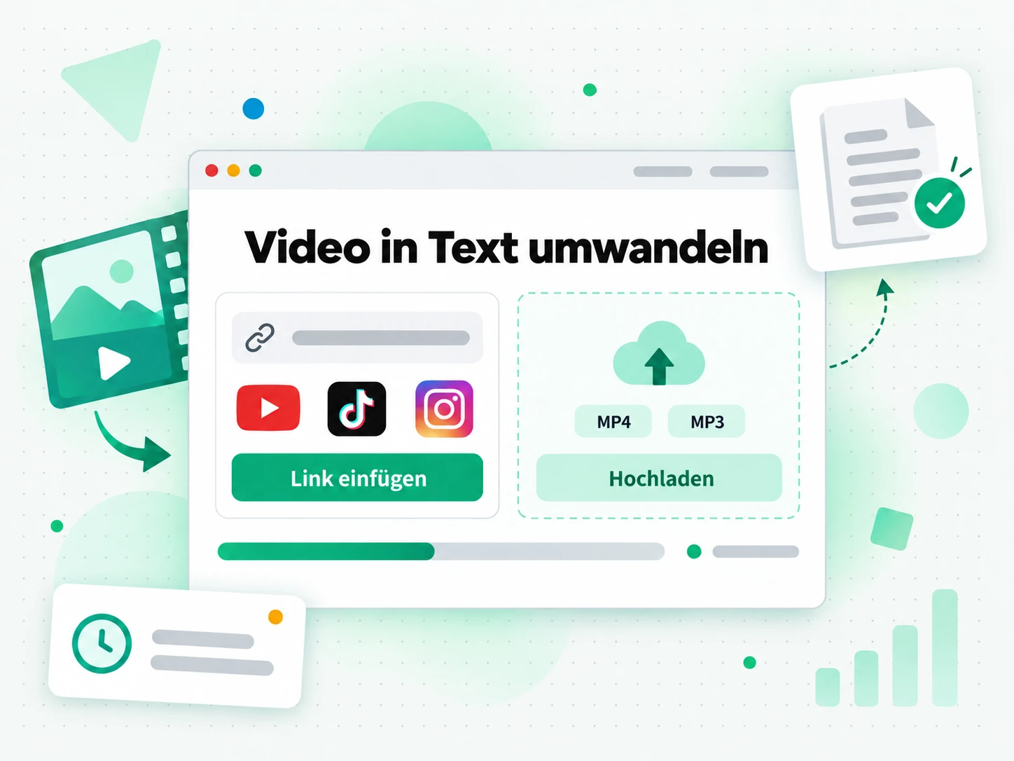 Video in Text umwandeln: Videolink einfügen oder Datei hochladen, um die Transkription zu starten