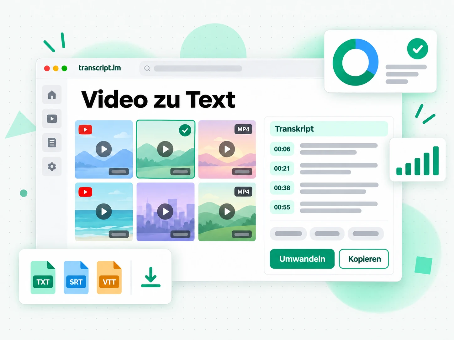 Video zu Text: ein MP4-Upload wird zu einem Transkript mit Zeitstempeln