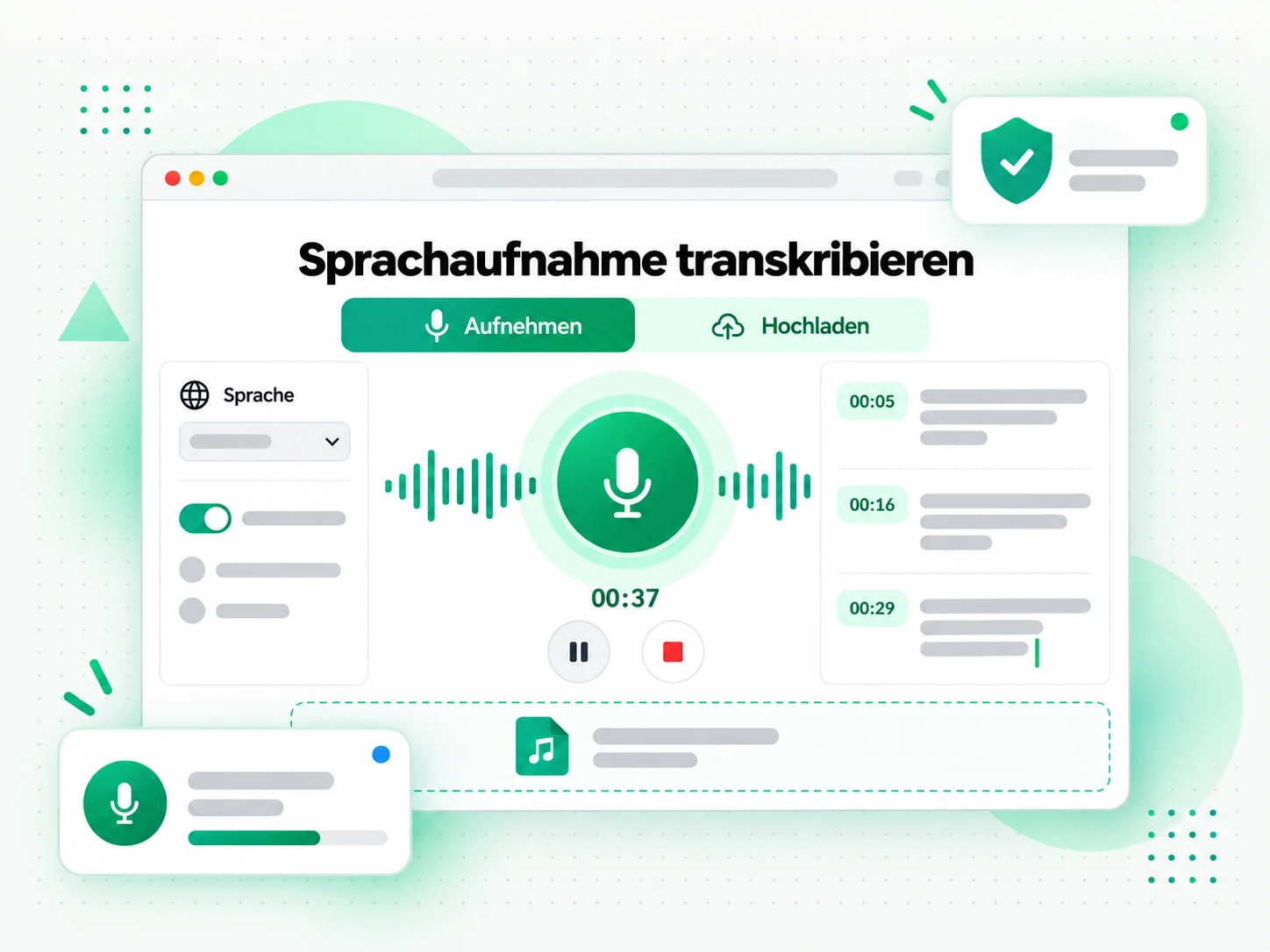 Sprachaufnahme transkribieren: eine Sprachnotiz wird in den Konverter hochgeladen