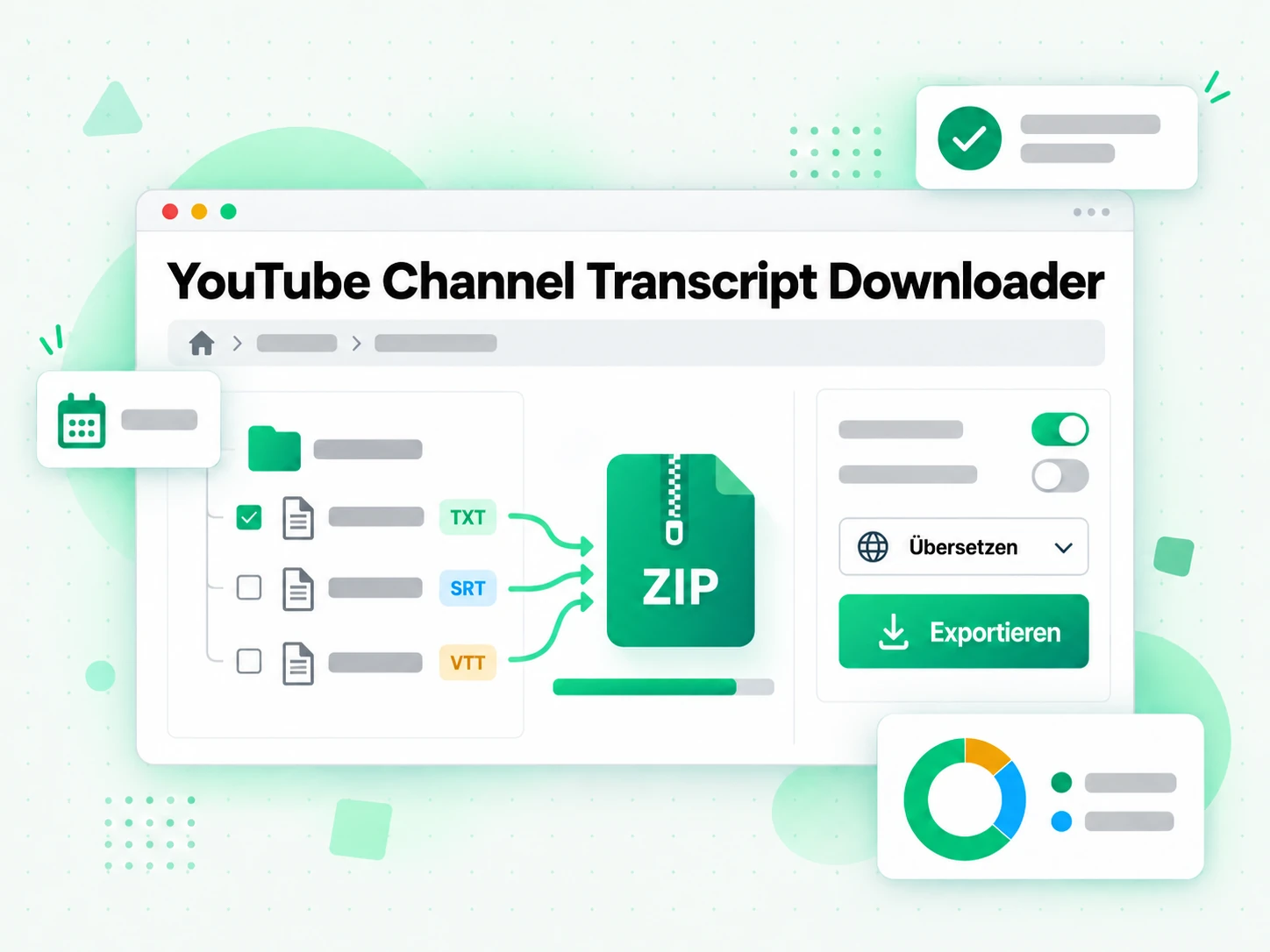 YouTube Channel Transcript Downloader exportiert das Archiv als TXT, SRT oder VTT