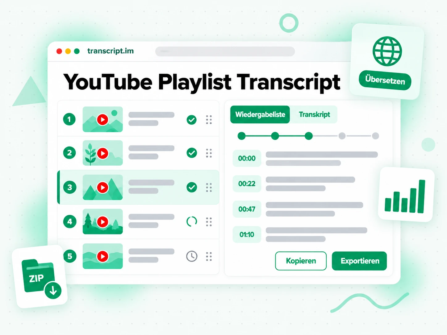 YouTube Playlist Transcript verarbeitet eine ganze Playlist parallel und führt sie zusammen