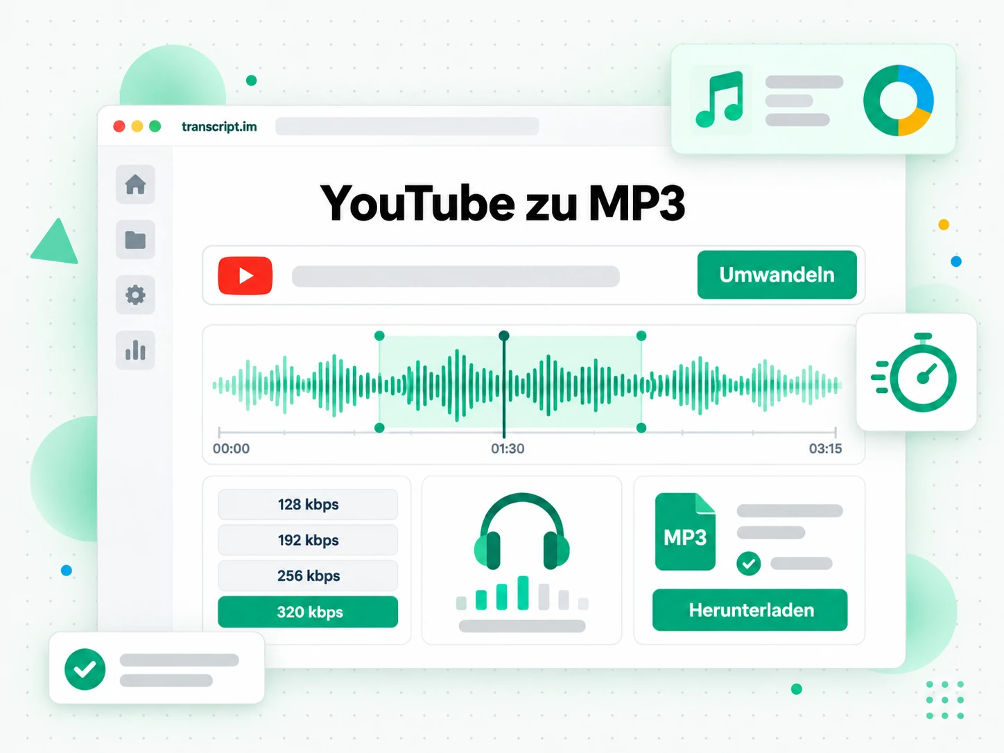 YouTube zu MP3: ein Video-Thumbnail wird zum MP3-Player mit Bitraten-Auswahl
