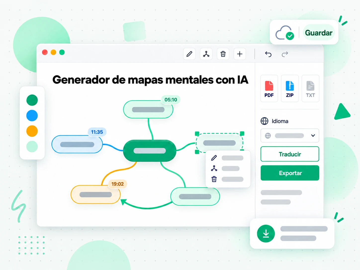 Generador de mapas mentales con IA en la interfaz paso a paso de transcript.im