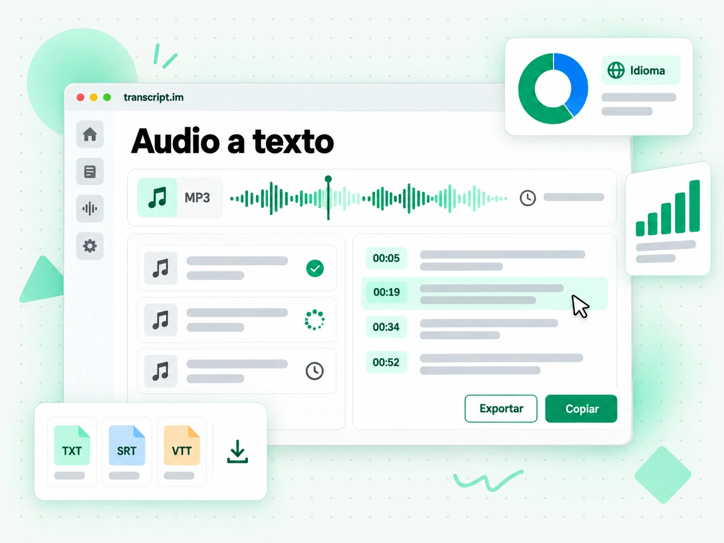 Audio a texto: el contenido de origen convertido en texto con marcas de tiempo