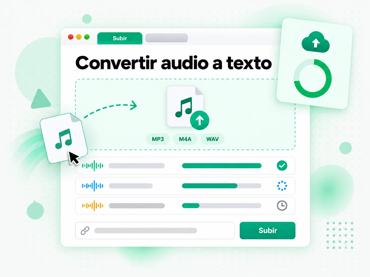 Convertir audio a texto en la interfaz paso a paso de transcript.im