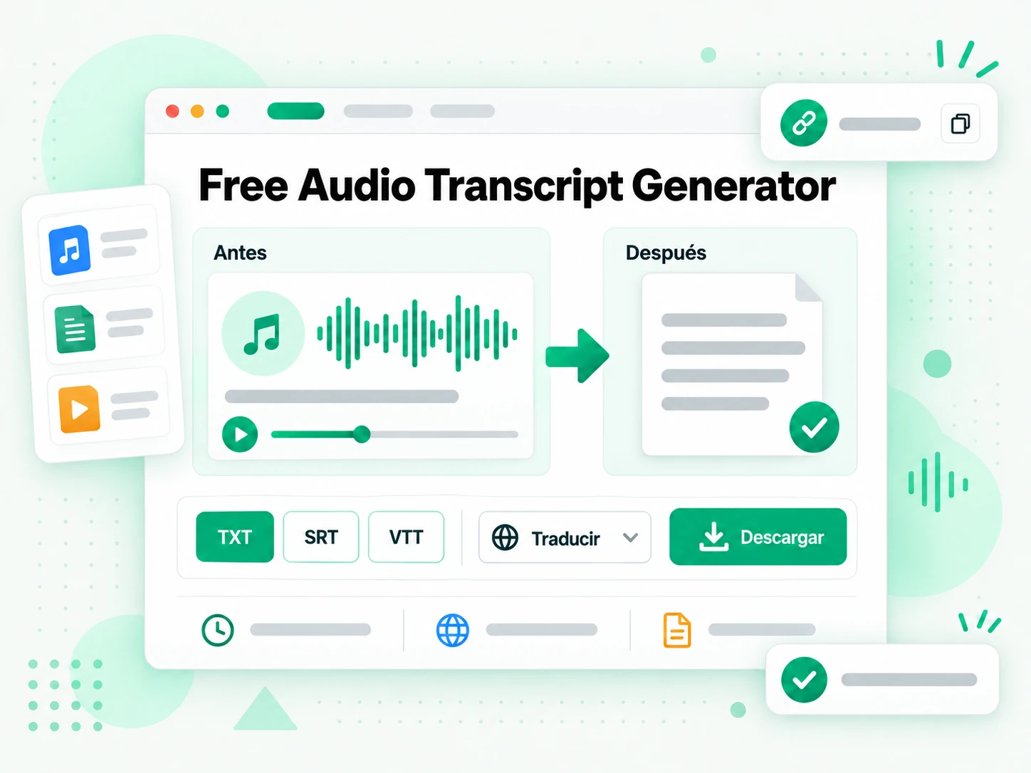 Free Audio Transcript Generator en la interfaz paso a paso de transcript.im