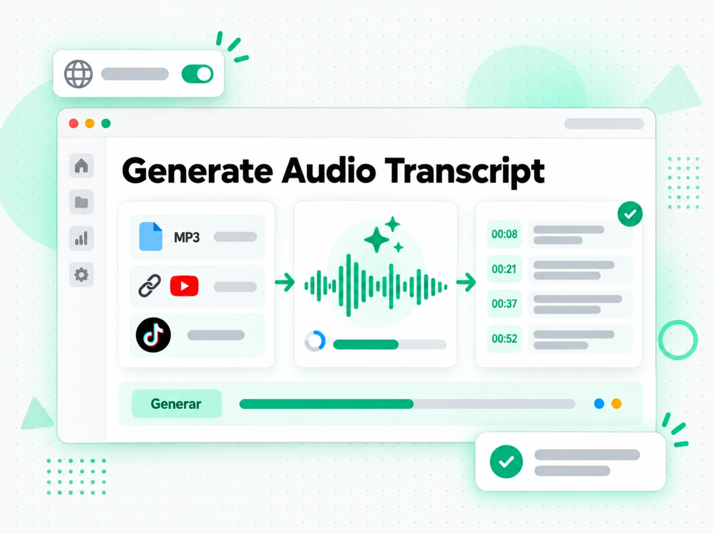 Generate Audio Transcript en la interfaz paso a paso de transcript.im