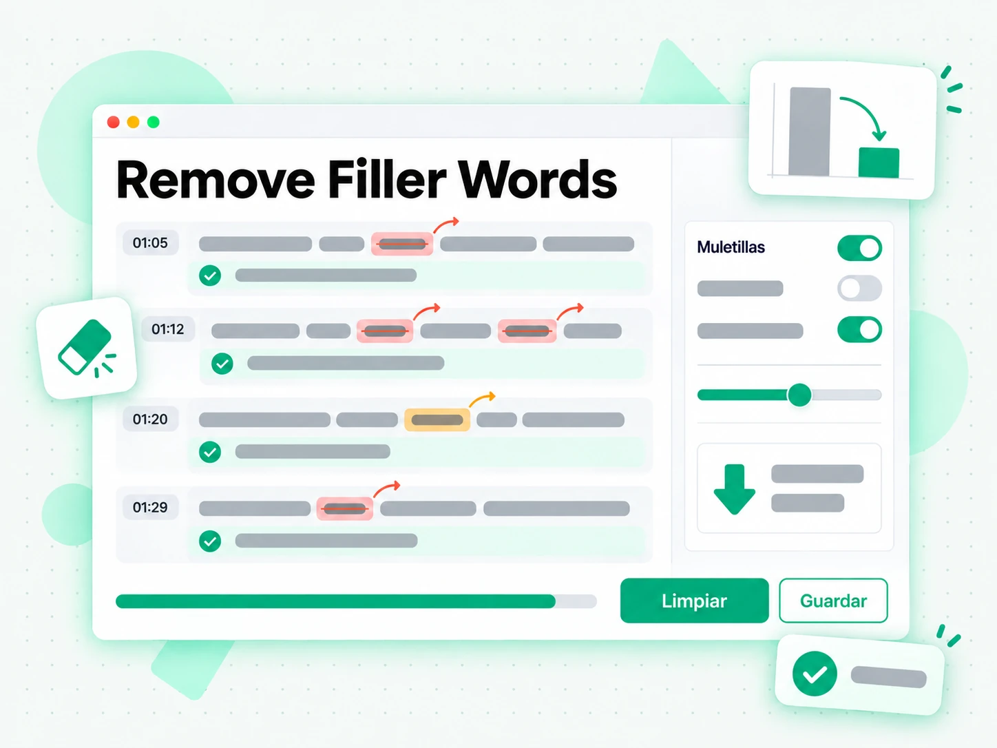 Remove Filler Words aplicada sobre una transcripción existente