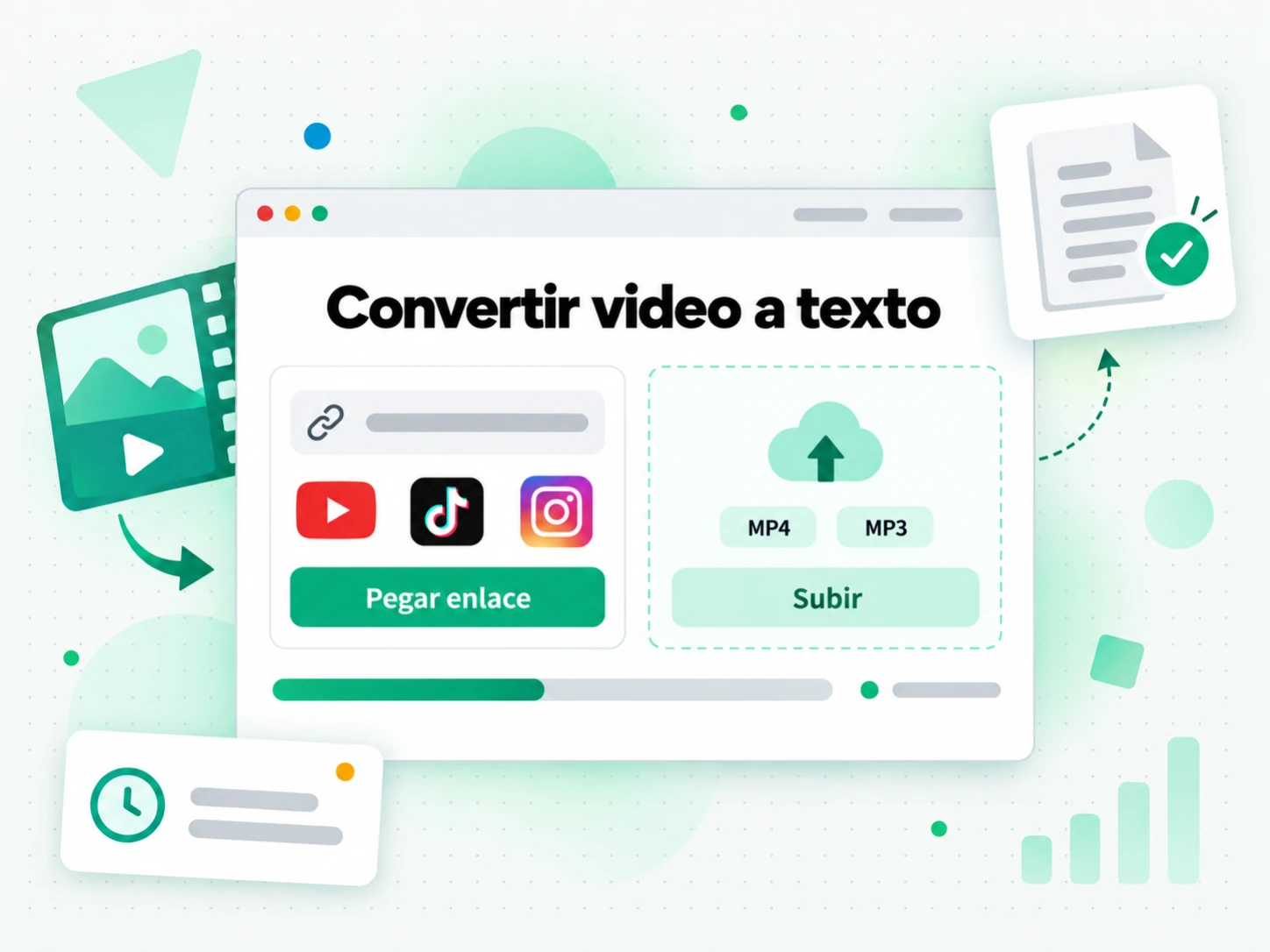 Convertir video a texto: pegar el enlace de un video o subir un archivo para empezar a transcribir