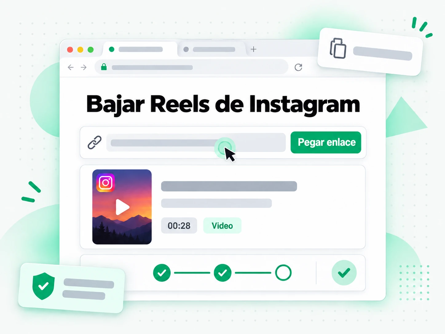 Bajar Reels de Instagram: pantalla con el enlace pegado y el archivo listo para guardar