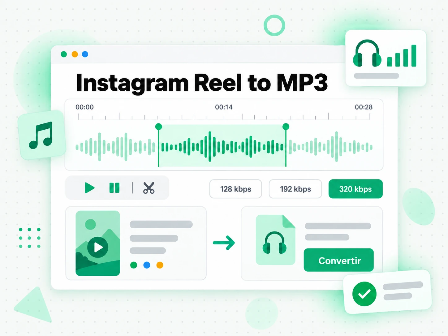 Instagram Reel to MP3 en la interfaz paso a paso de transcript.im