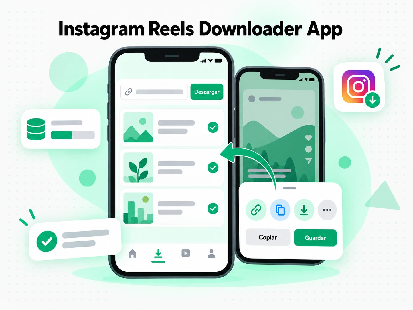 Instagram Reels Downloader App: pantalla con el enlace pegado y el archivo listo para guardar