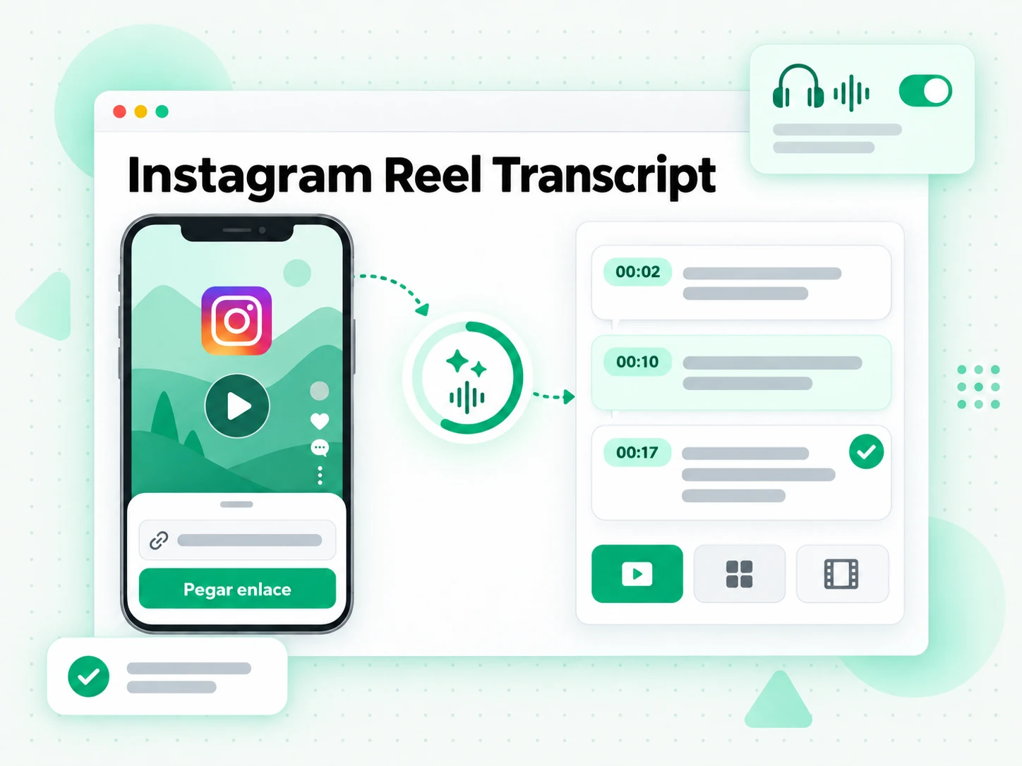 Instagram Reel Transcript en la interfaz paso a paso de transcript.im