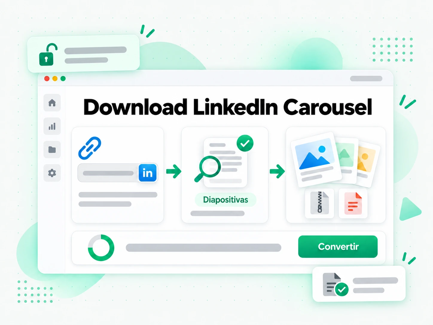 Download LinkedIn Carousel: pantalla con el enlace pegado y el archivo listo para guardar