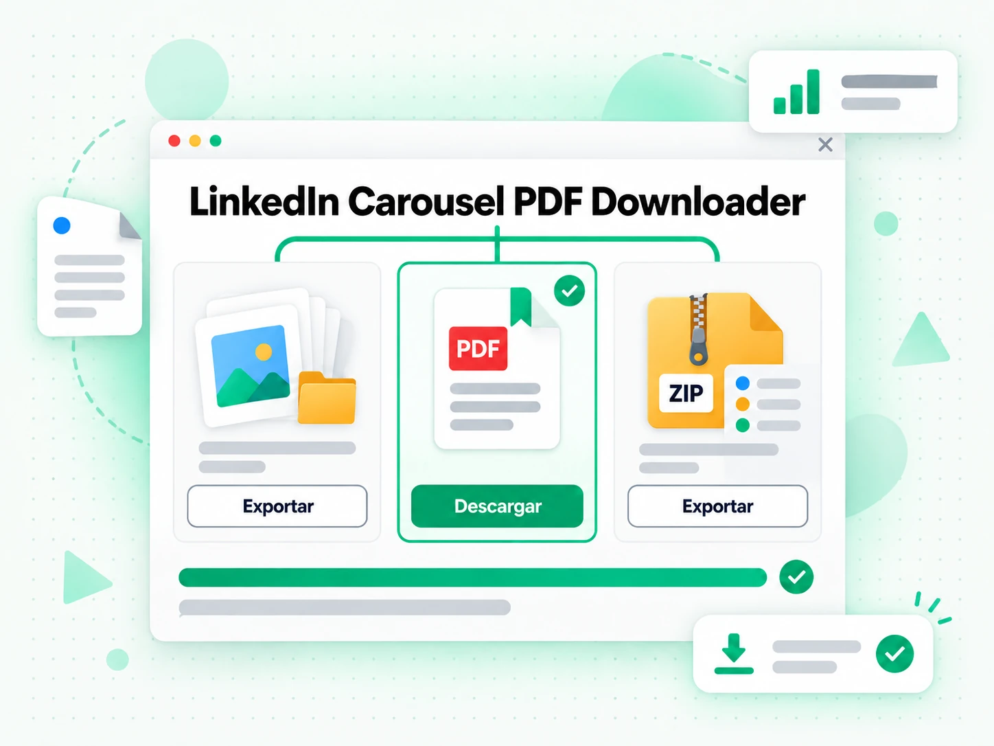 LinkedIn Carousel PDF Downloader: pantalla con el enlace pegado y el archivo listo para guardar