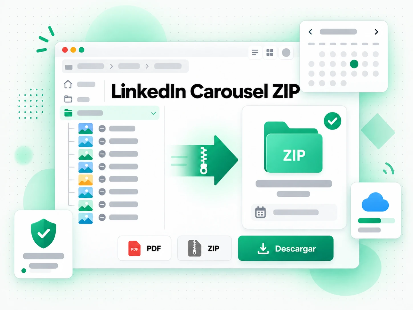 LinkedIn Carousel ZIP en la interfaz paso a paso de transcript.im