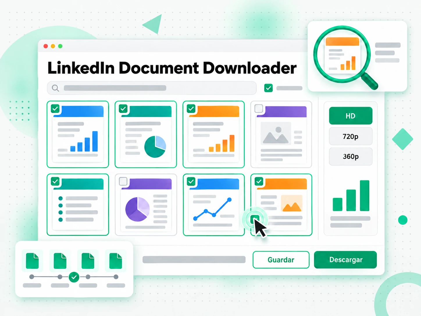 LinkedIn Document Downloader: pantalla con el enlace pegado y el archivo listo para guardar