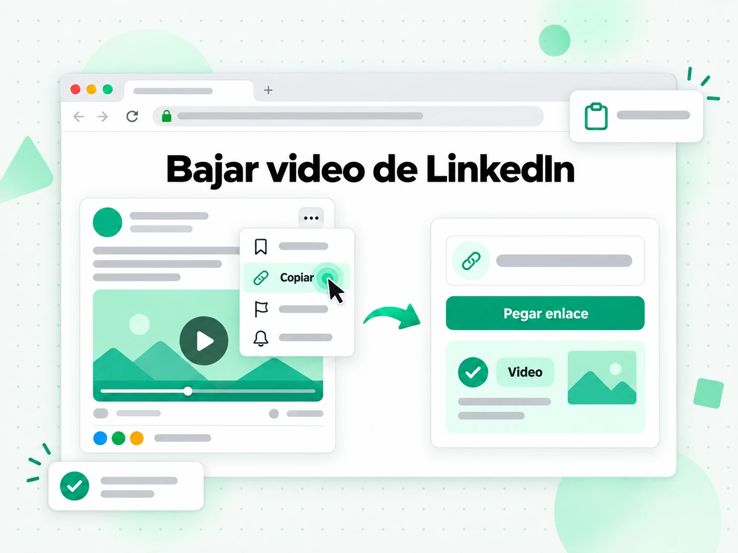 Bajar video de LinkedIn: pantalla con el enlace pegado y el archivo listo para guardar