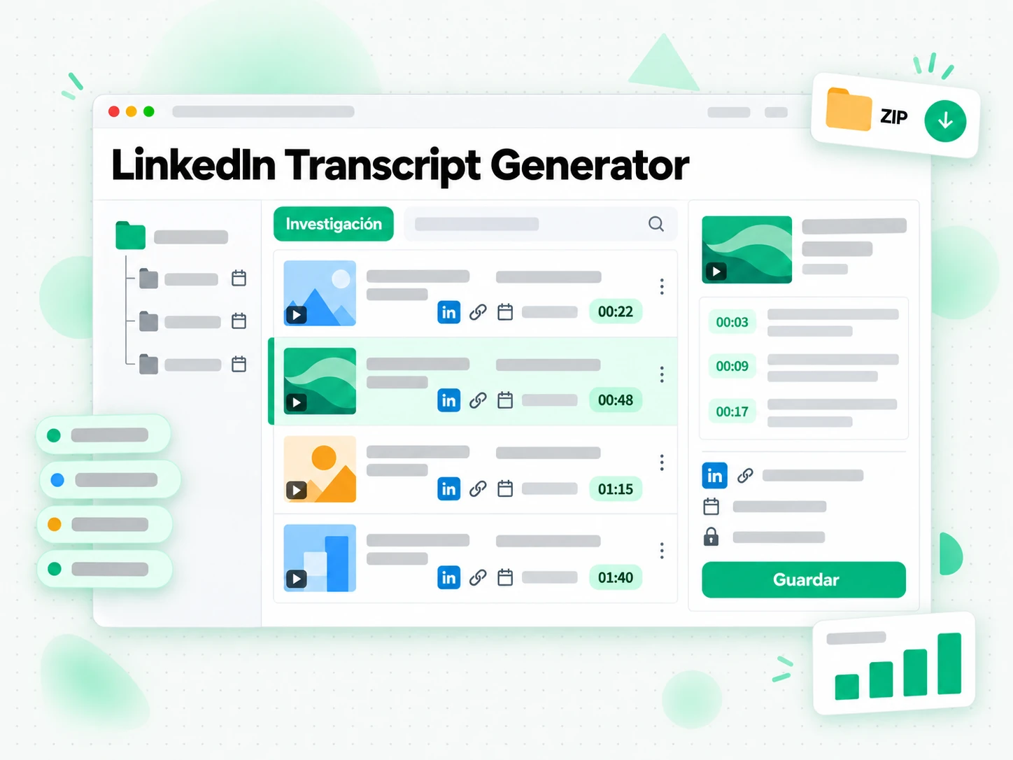 Generador de transcripciones de LinkedIn: investigadora archiva una transcripción de video de LinkedIn con marcas de tiempo y datos de la fuente