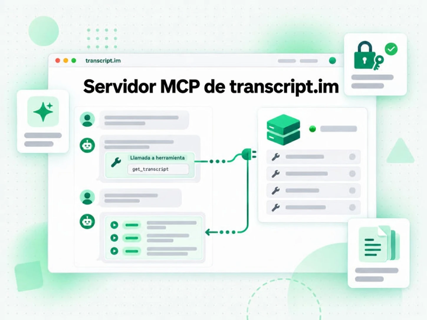 Servidor MCP de transcript.im: un cliente de IA llama a la herramienta de transcripción en un servidor MCP remoto