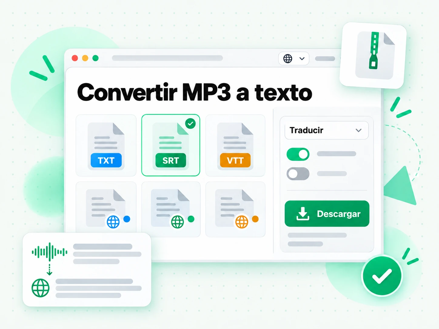 Convertir MP3 a texto en la interfaz paso a paso de transcript.im