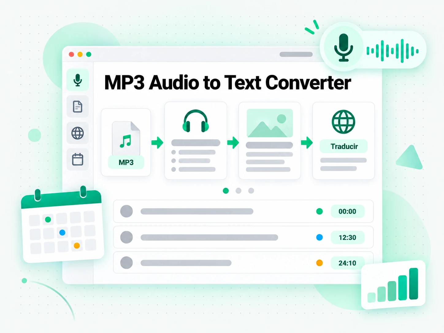 MP3 Audio to Text Converter en la interfaz paso a paso de transcript.im